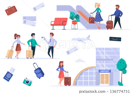 Airport terminal isolated elements set. Bundle of masked passengers go temperature control, tourists with luggage go to boarding, world trip. Creator kit for vector illustration in flat cartoon design Airport terminal isolated elements set. Bundle of masked passengers go temperature control, tourists with luggage go to boarding, world trip. Creator kit for vector illustration in flat cartoon design 136774731