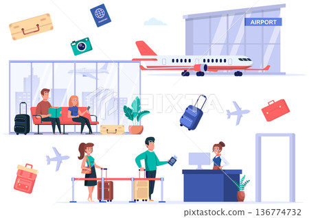 Airport terminal isolated elements set. Bundle of passengers go passport control, tourists with luggage sitting in waiting room, world trip. Creator kit for vector illustration in flat cartoon design Airport terminal isolated elements set. Bundle of passengers go passport control, tourists with luggage sitting in waiting room, world trip. Creator kit for vector illustration in flat cartoon design 136774732
