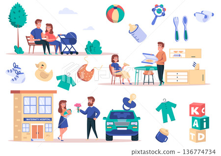 Pregnancy isolated elements set. Bundle of mom and dad with newborn sitting in park, pregnant woman eating pizza, childbirth in hospital. Creator kit for vector illustration in flat cartoon design 136774734