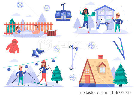Ski resort isolated elements set. Bundle of people rest in mountains in winter, swim in hot bathtub, make snowman, go skiing and funicular. Creator kit for vector illustration in flat cartoon design Ski resort isolated elements set. Bundle of people rest in mountains in winter, swim in hot bathtub, make snowman, go skiing and funicular. Creator kit for vector illustration in flat cartoon design 136774735