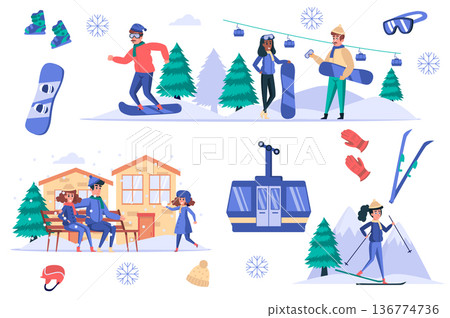 Ski resort isolated elements set. Bundle of people rest in mountains in winter, skiing, snowboarding, funicular, family with child in hotel. Creator kit for vector illustration in flat cartoon design Ski resort isolated elements set. Bundle of people rest in mountains in winter, skiing, snowboarding, funicular, family with child in hotel. Creator kit for vector illustration in flat cartoon design 136774736