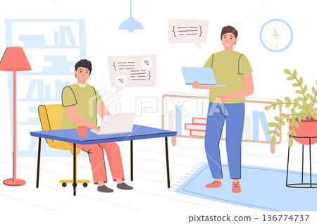 Programmers working at office concept. Developers team work on laptops, program in different languages, write code, optimize programs, creating software. Vector illustration in trendy flat design Programmers working at office concept. Developers team work on laptops, program in different languages, write code, optimize programs, creating software. Vector illustration in trendy flat design 136774737