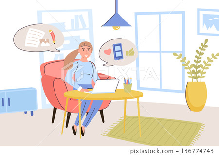 Blogging concept. Woman blogger writes articles and publishes photos on personal blog, communicates with followers. Content creation and online business. Vector illustration in trendy flat design 136774743