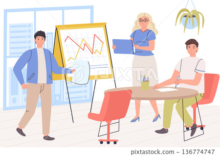 Business meeting concept. Employees make presentation at conference, brainstorming, analyze data and discuss strategy, success and development of company. Vector illustration in trendy flat design Business meeting concept. Employees make presentation at conference, brainstorming, analyze data and discuss strategy, success and development of company. Vector illustration in trendy flat design 136774747