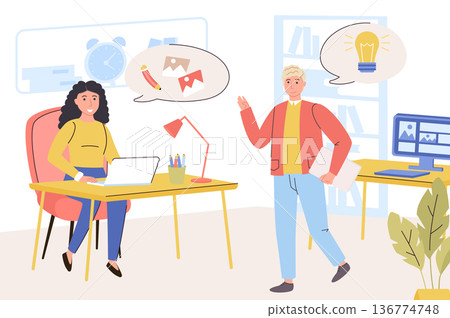 Design company concept. Man and woman designers working on project, brainstorming, creating graphics, drawing pictures for website content, doing branding. Vector illustration in trendy flat design Design company concept. Man and woman designers working on project, brainstorming, creating graphics, drawing pictures for website content, doing branding. Vector illustration in trendy flat design 136774748