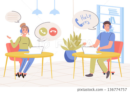 Call center concept. Support staff answers calls and messages, resolving customer issues, help and advice. Operators team working on hotline or helpdesk. Vector illustration in trendy flat design Call center concept. Support staff answers calls and messages, resolving customer issues, help and advice. Operators team working on hotline or helpdesk. Vector illustration in trendy flat design 136774757