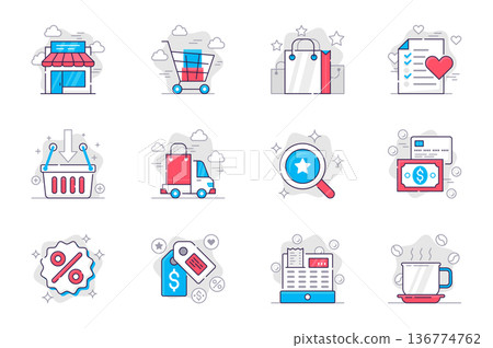 Shopping concept flat line icons set. Make and pay for purchases at sales. Bundle of shop, bag, wish list, delivery, search, discount and other. Vector conceptual pack outline symbols for mobile app Shopping concept flat line icons set. Make and pay for purchases at sales. Bundle of shop, bag, wish list, delivery, search, discount and other. Vector conceptual pack outline symbols for mobile app 136774762
