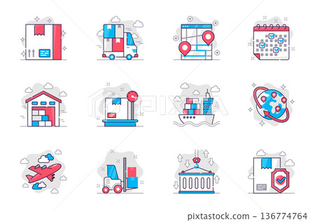 Shipping concept flat line icons set. Delivery service and logistics. Bundle of parcel, truck, tracking, warehouse, cargo, export and other. Vector conceptual pack outline symbols for mobile app Shipping concept flat line icons set. Delivery service and logistics. Bundle of parcel, truck, tracking, warehouse, cargo, export and other. Vector conceptual pack outline symbols for mobile app 136774764