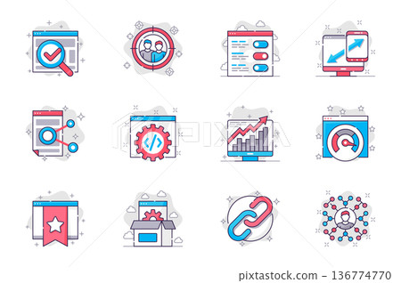 Seo optimization concept flat line icons set. Settings and online website promotion. Bundle of target, link, statistics, growth, speed and other. Vector conceptual pack outline symbols for mobile app Seo optimization concept flat line icons set. Settings and online website promotion. Bundle of target, link, statistics, growth, speed and other. Vector conceptual pack outline symbols for mobile app 136774770