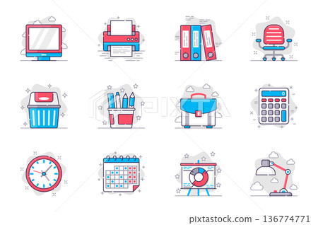 Office supplies concept flat line icons set. Management and workplace organization. Bundle of computer, folder, chair, briefcase, calendar, other. Vector conceptual pack outline symbols for mobile app 136774771