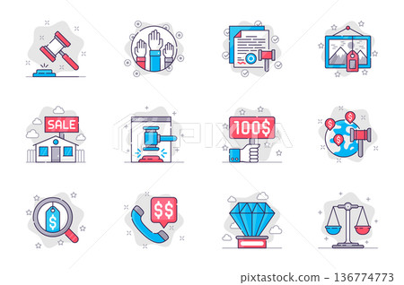 Auction concept flat line icons set. Auction business and sale of valuable lots. Bundle of hammer, bid, sold, house, price, quality, legal, other. Vector conceptual pack outline symbols for mobile app 136774773