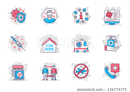 Coronavirus prevention concept flat line icons set. Vaccination and prevention of disease. Bundle of medical mask, stay home, disinfection, other. Vector conceptual pack outline symbols for mobile app Coronavirus prevention concept flat line icons set. Vaccination and prevention of disease. Bundle of medical mask, stay home, disinfection, other. Vector conceptual pack outline symbols for mobile app 136774775