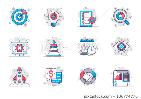 Business planning concept flat line icons set. Successful strategy and startup development. Bundle of target, idea, task, search, calendar, other. Vector conceptual pack outline symbols for mobile app 136774776