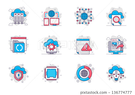 Cloud technology concept flat line icons set. Cloud storage and database servers. Bundle of networking, global, search, settings, security, other. Vector conceptual pack outline symbols for mobile app 136774777