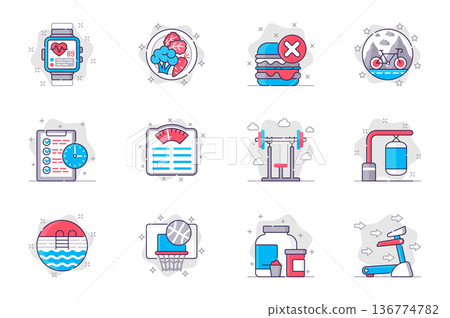 Fitness concept flat line icons set. Healthy lifestyle and sports activity. Bundle of diet, bike, barbell, punching bag, pool, basketball, other. Vector conceptual pack outline symbols for mobile app Fitness concept flat line icons set. Healthy lifestyle and sports activity. Bundle of diet, bike, barbell, punching bag, pool, basketball, other. Vector conceptual pack outline symbols for mobile app 136774782