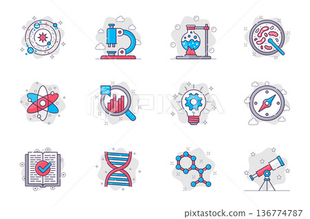 Science concept flat line icons set. Scientific research and lab equipment. Bundle of astronomy, microscope, test, flask, atom, molecule, other. Vector conceptual pack outline symbols for mobile app 136774787