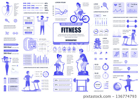Bundle fitness and sports infographic UI, UX, KIT elements. Different charts, diagrams, workflow, fitness equipment, gym, cardio workout design template. Vector info graphic and infographics set. Bundle fitness and sports infographic UI, UX, KIT elements. Different charts, diagrams, workflow, fitness equipment, gym, cardio workout design template. Vector info graphic and infographics set. 136774793