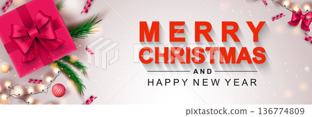Merry Christmas 2022 banner. Xmas and New Year holiday celebration poster. Festive decor, gift, garland, balls, ribbons background. Vector illustration with realistic elements for header website Merry Christmas 2022 banner. Xmas and New Year holiday celebration poster. Festive decor, gift, garland, balls, ribbons background. Vector illustration with realistic elements for header website 136774809