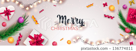 Merry Christmas 2022 banner. Holiday white background with pine, gifts, glowing garlands, balls, ribbons. Xmas celebration poster. Vector illustration with realistic elements for header website Merry Christmas 2022 banner. Holiday white background with pine, gifts, glowing garlands, balls, ribbons. Xmas celebration poster. Vector illustration with realistic elements for header website 136774811