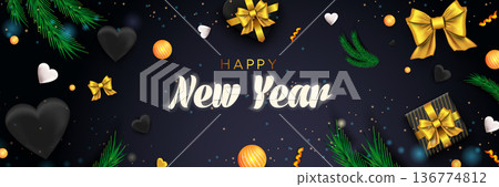 Happy New Year 2022 banner. Holiday Christmas dark background with pine, gifts, hearts, balls and ribbons. Xmas celebration poster. Vector illustration with realistic elements for header website 136774812