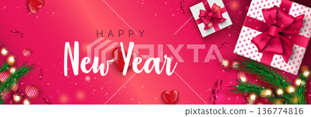 Happy New Year 2022 banner. Christmas concept on pink background. Xmas holiday poster with gifts, pine, glowing garland and ribbons. Vector illustration with realistic elements for header website 136774816