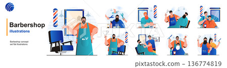 Barbershop isolated set. Hairdresser doing haircuts or shaving beard in salon. People collection of scenes in flat design. Vector illustration for blogging, website, mobile app, promotional materials. 136774819