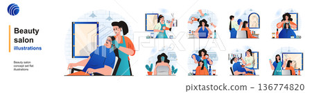 Beauty salon isolated set. Hairdresser makes haircuts, hairstyles or makeup. People collection of scenes in flat design. Vector illustration for blogging, website, mobile app, promotional materials. Beauty salon isolated set. Hairdresser makes haircuts, hairstyles or makeup. People collection of scenes in flat design. Vector illustration for blogging, website, mobile app, promotional materials. 136774820