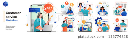Customer service isolated set. Consultation and support, call center hotline. People collection of scenes in flat design. Vector illustration for blogging, website, mobile app, promotional materials. Customer service isolated set. Consultation and support, call center hotline. People collection of scenes in flat design. Vector illustration for blogging, website, mobile app, promotional materials. 136774828