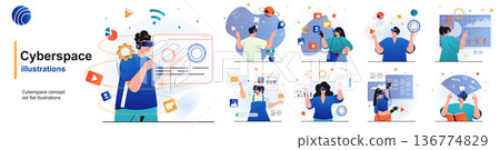 Cyberspace isolated set. Virtual reality technology, gaming and education. People collection of scenes in flat design. Vector illustration for blogging, website, mobile app, promotional materials. 136774829