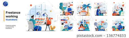 Freelance working isolated set. Remote employees with laptops in home offices. People collection of scenes in flat design. Vector illustration for blogging, website, mobile app, promotional materials. Freelance working isolated set. Remote employees with laptops in home offices. People collection of scenes in flat design. Vector illustration for blogging, website, mobile app, promotional materials. 136774833