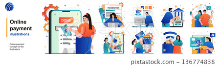 Online payment isolated set. Banking transactions using app or computer. People collection of scenes in flat design. Vector illustration for blogging, website, mobile app, promotional materials. Online payment isolated set. Banking transactions using app or computer. People collection of scenes in flat design. Vector illustration for blogging, website, mobile app, promotional materials. 136774838