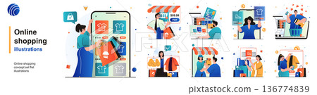 Online shopping isolated set. Customers choose and pay for purchases on site. People collection of scenes in flat design. Vector illustration for blogging, website, mobile app, promotional materials. Online shopping isolated set. Customers choose and pay for purchases on site. People collection of scenes in flat design. Vector illustration for blogging, website, mobile app, promotional materials. 136774839