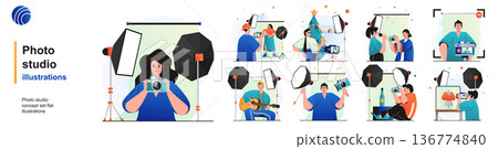 Photo studio isolated set. Photographers make professional photo session. People collection of scenes in flat design. Vector illustration for blogging, website, mobile app, promotional materials. Photo studio isolated set. Photographers make professional photo session. People collection of scenes in flat design. Vector illustration for blogging, website, mobile app, promotional materials. 136774840