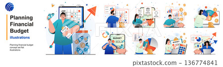 Planning financial budget isolated set. Accounting analysis and savings. People collection of scenes in flat design. Vector illustration for blogging, website, mobile app, promotional materials. 136774841