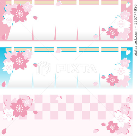 日式橫幅背景插圖，描繪了櫻花和暖簾。適用於賞櫻、春季活動、日式圖案、邊框、桌布等場合。 136774956