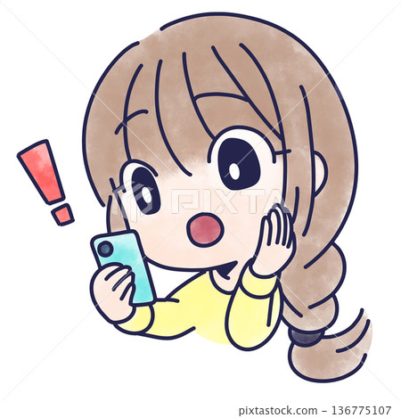 Illustration of a woman who is surprised to see a smartphone 136775107