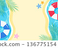 一幅從正上方俯瞰的夏日海灘和泳池背景插圖。度假主題相框素材，包含沙灘、游泳圈和棕櫚樹。 136775154