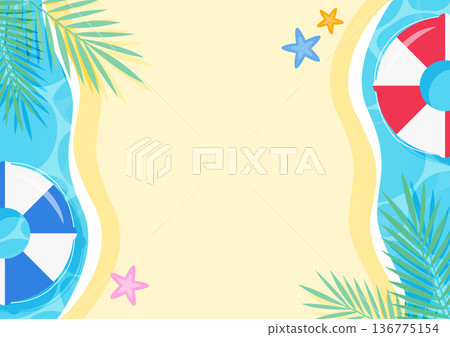 A background illustration of a summer beach and pool seen from directly above. A vacation frame material featuring a sandy beach, swim rings, and palm trees. A background illustration of a summer beach and pool seen from directly above. A vacation frame material featuring a sandy beach, swim rings, and palm trees. 136775154