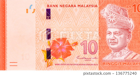 Ten ringgit cash banknote features hibiscus flower, portrait of historical figure, used for currency in Malaysia. Ten ringgit cash banknote features hibiscus flower, portrait of historical figure, used for currency in Malaysia. 136775240