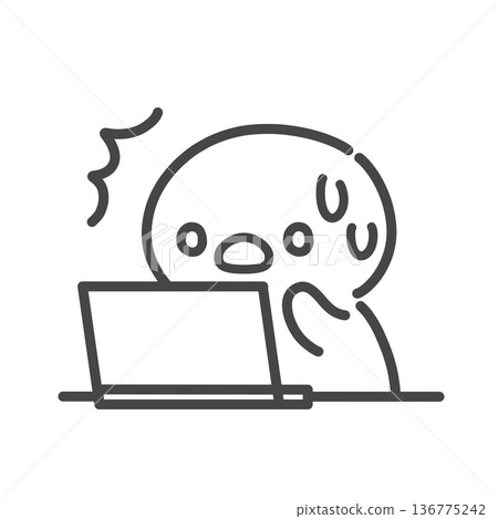 A hand-drawn line drawing of a chick looking surprised and panicked at a laptop computer. A hand-drawn line drawing of a chick looking surprised and panicked at a laptop computer. 136775242