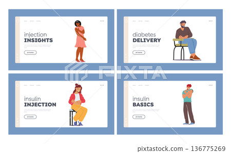 Diabetes Landing Page Template Set. Characters Administering Insulin Injections. People Deliver Insulin Into Bloodstream 136775269