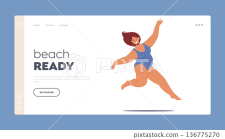 Beach Ready Landing Page Template. Joyful Plump Woman In Swimsuit Defies Societal Expectations By Energetic Jumping 136775270
