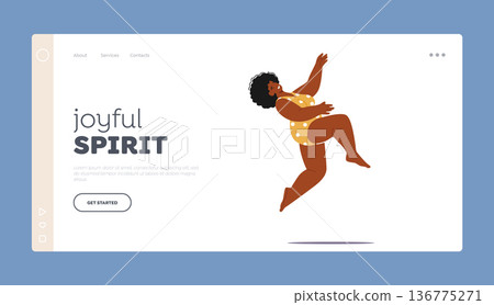 Joyful Spirit Landing Page Template. Energetic And Plump Woman Joyfully Jumps In A Swimsuit, Embracing Her Body Joyful Spirit Landing Page Template. Energetic And Plump Woman Joyfully Jumps In A Swimsuit, Embracing Her Body 136775271