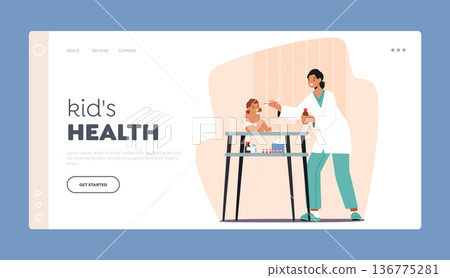 Kid's Health Landing Page Template. Pediatrician Female Character Examines Baby, Prescribes Medication Kid's Health Landing Page Template. Pediatrician Female Character Examines Baby, Prescribes Medication 136775281