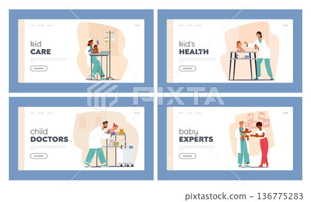Pediatricians Landing Page Template Set. Doctor Characters Perform Baby's Checkup, Measure Weight And Height Pediatricians Landing Page Template Set. Doctor Characters Perform Baby's Checkup, Measure Weight And Height 136775283