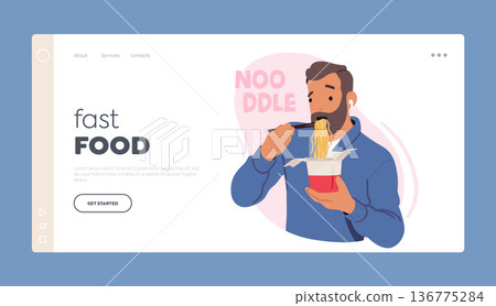 Fast Food Landing Page Template. Man Eating Noodles From Take-out Box with Chopsticks In Hand, Enjoying Asian Cuisine Fast Food Landing Page Template. Man Eating Noodles From Take-out Box with Chopsticks In Hand, Enjoying Asian Cuisine 136775284
