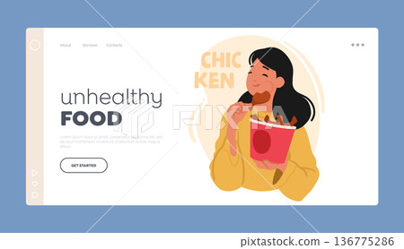 Unhealthy Food Landing Page Template. Woman Indulging In Chicken Nuggets, Female Character with Carton Bucket Unhealthy Food Landing Page Template. Woman Indulging In Chicken Nuggets, Female Character with Carton Bucket 136775286
