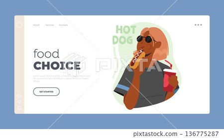 Food Choice Landing Page Template. Woman Enjoying Delicious Hot Dog And Sipping Soda. Young Relaxed Female Character 136775287
