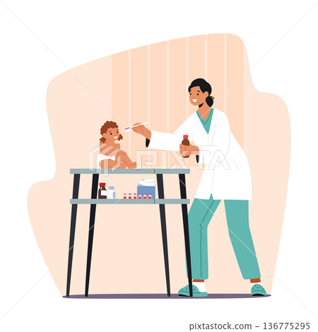 Pediatrician Female Character Examines Baby's Health, Prescribes Medication According To Symptoms, Age And Weight Pediatrician Female Character Examines Baby's Health, Prescribes Medication According To Symptoms, Age And Weight 136775295