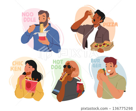 Set of Male and Female Characters Indulging In Fast Food, Men and Women With Burger, Fries, Noodles, Nuggets or Hot Dog 136775298